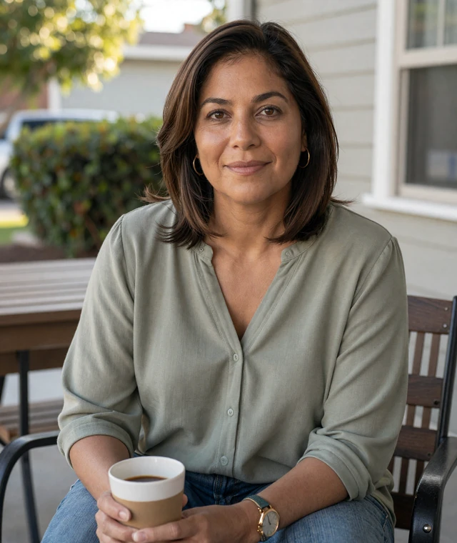 Confident Latina woman enjoying coffee on a patio, showing the everyday warmth expected from a mature dating site