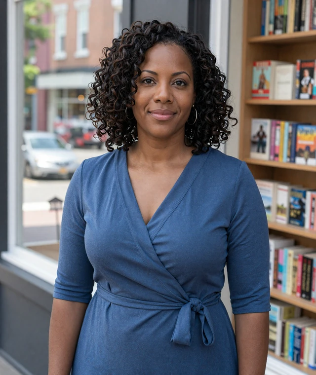 Elegant African American woman by a neighborhood bookstore representing genuine women for serious relationships online
