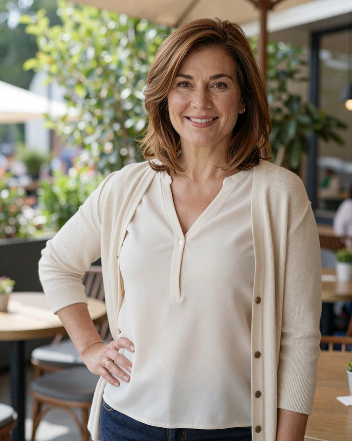 Smiling mature woman in a relaxed outdoor setting reflecting the warm, genuine feel of serious dating for men over 45