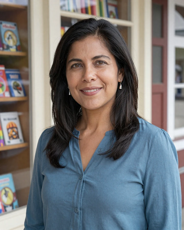 Warm smiling Latina woman in a bookstore setting illustrating trustworthy serious dating online for men over 45