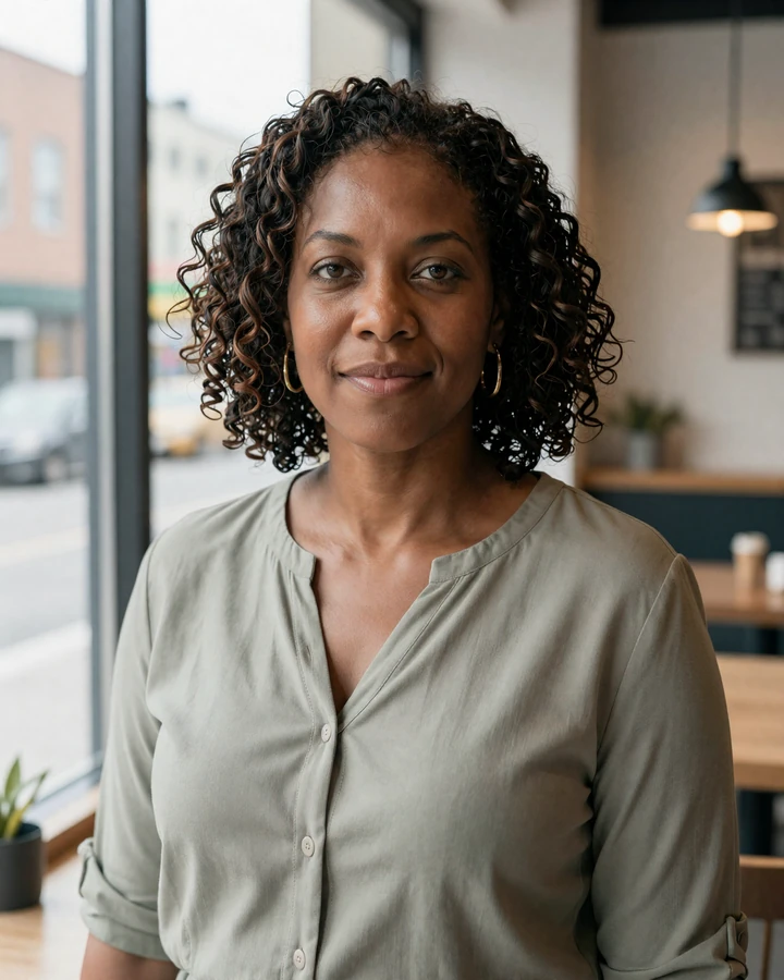 Confident mature woman in a bright cafe setting illustrating the calm, trustworthy feel of safe online dating for men over 45
