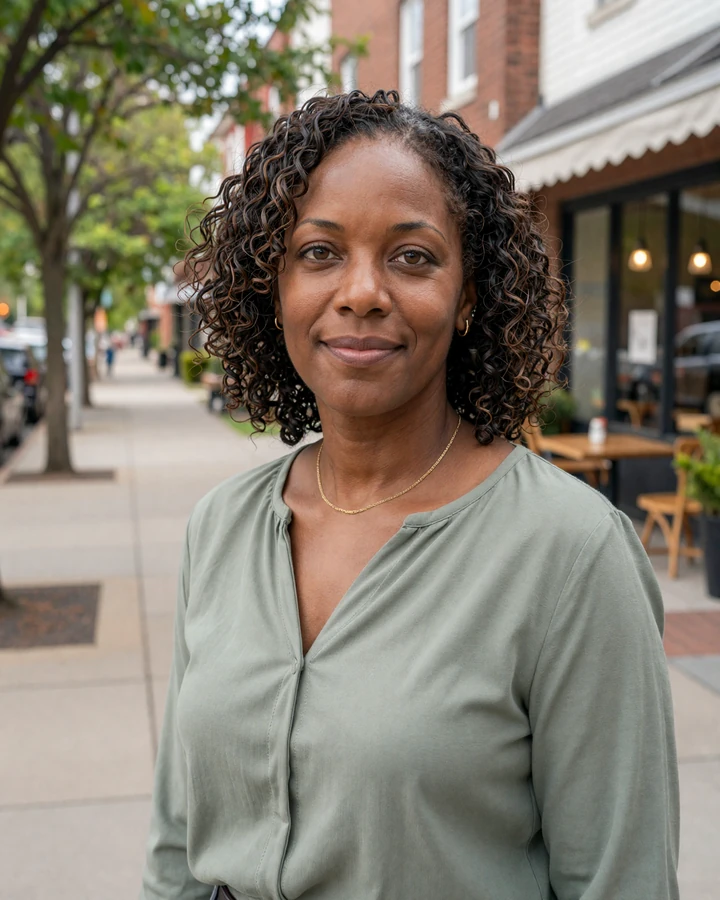 Warm smiling woman outdoors representing the genuine, approachable feel of how online dating works after 45